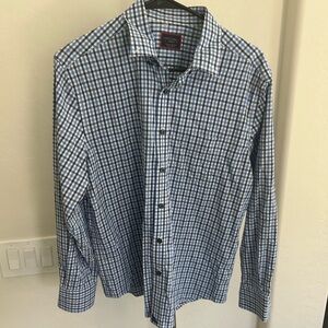 Untuckit Mens Blue White Plaid Button Up Shirt Long Sleeve Medium Nylon Spandex